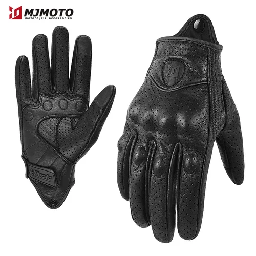 Imagen 1 del producto MJMOTO-guantes de cuero Retro para motocicleta, guantes anticaída para Moto, guantes clásicos de cuero de cabra perforados y transpirables para verano