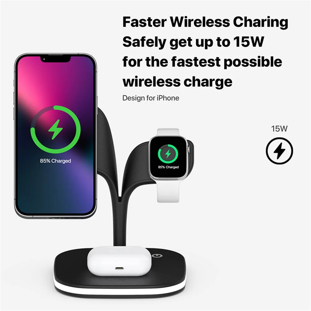 4 in 1 Magnetic Wireless Charger For iPhone 15 14 13 12 Adjustable Light Fast Charging Dock Station For Airpods Apple Watch 9 8