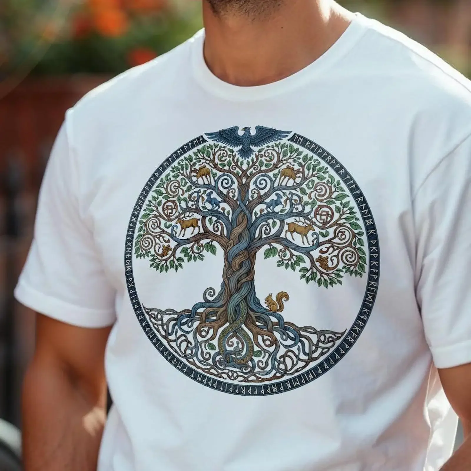 Yggdrasil Viking T Shirt Norse Mythology Tree of Life Nordic Knotwork Art Heavy Cotton vintage Washed designer clothes