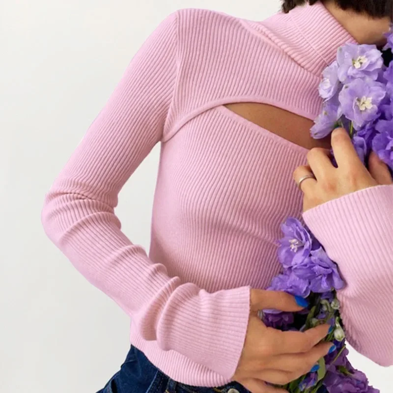 Fashion Chic Sexy Cut Out Ribbed Knit Top Long Sleeve Turtleneck Slim Fit Pullover Autumn Winter Solid Color Streetwear Sweater