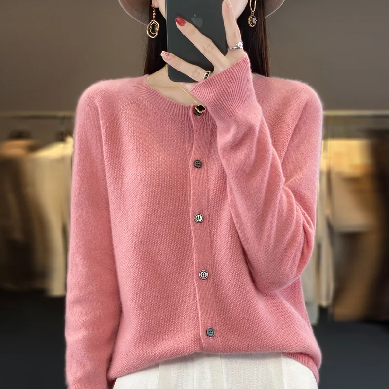 Spring and autumn new women\'s 100% wool knitted cardigan coat loose O-neck sweater coat fashion solid color coat