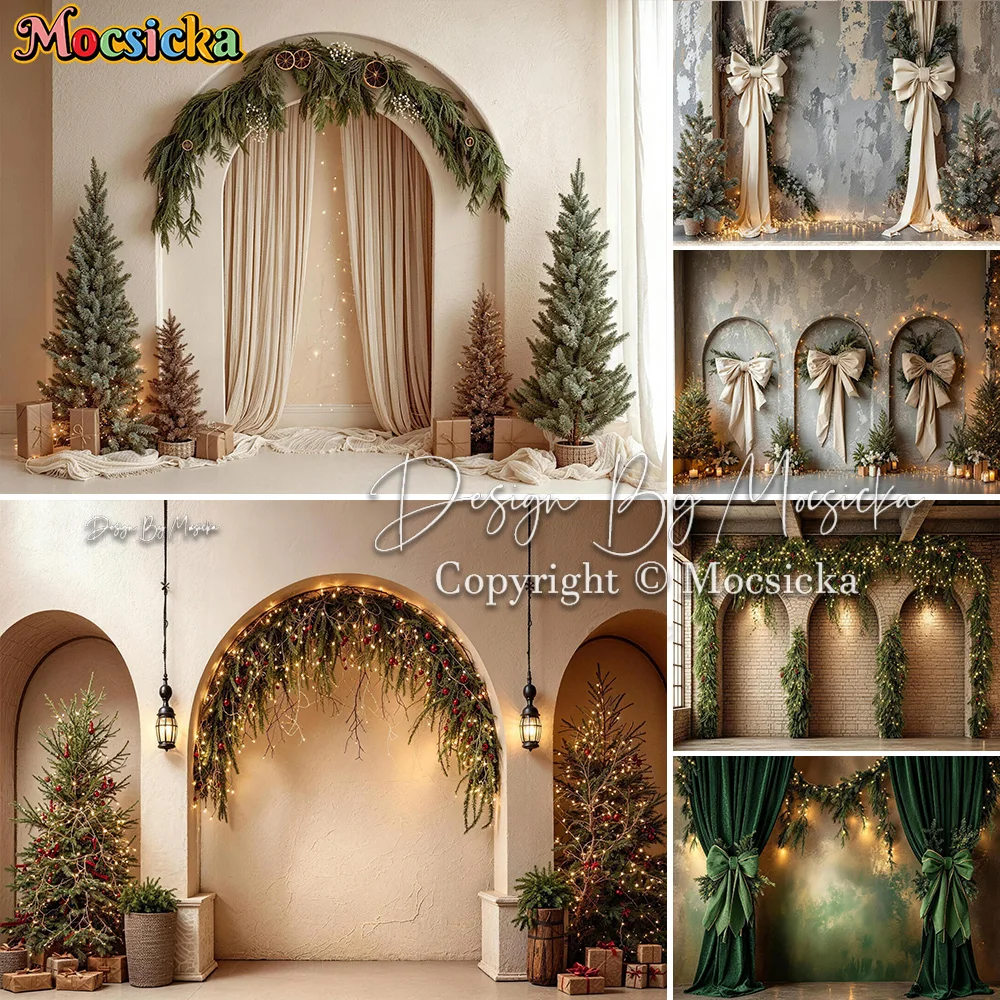 Mocsicka Christmas Arch Curtain Backdrop Photography Greenery Xmas Tree Boho Background Winter Holiday Baby Family Photo Studio