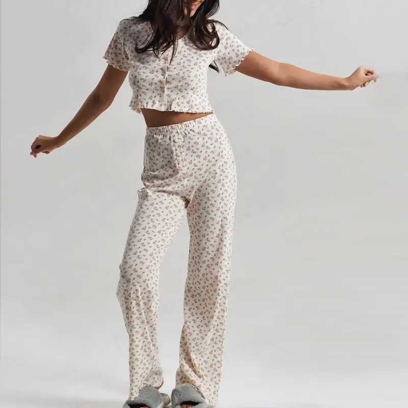 

New Product European and American Popular Spring and Summer Short-sleeved Cardigan Trousers Pajamas Set Women's Loungewear