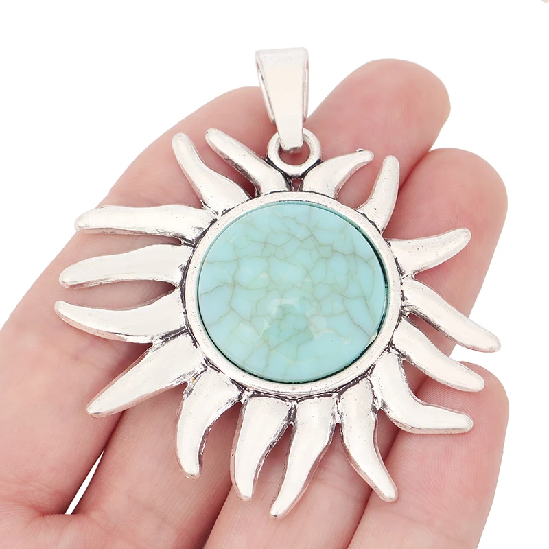 2 x Tibetan Silver Large Sun Flower & Faux Turquoise Charms Pendants for DIY Necklace Jewelry Making Finding Accessories 66x60mm