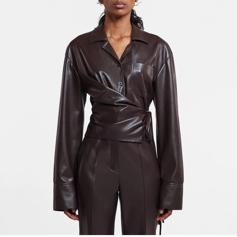 

Nanu Hungarian Faionable Commute Asymmetrical Waist-Cinching Design Naked Leather Long Sve irt Jaet Top