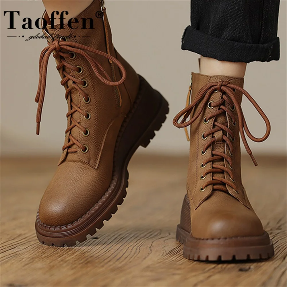 Taoffen Women Ankle Boots Genuine Leather Thick Sole Platform Lace Up Unisex Winter Flat Shoe Ladies Work Boots Fashion Designer