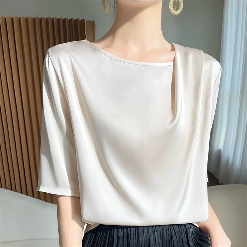 Solid Loose Satin Blouse Plus Size Tops S-7XL Women 2024 Summer Elegant Shirts Casual Short Sleeve Kroean Chic Shirt Lady Tops