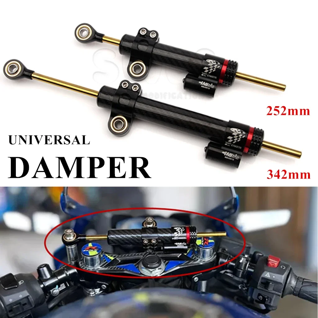 Motocicleta Amortecedor Ajustável para Honda Kawasaki Yamaha, Estabilizador de Direção, Fibra De Carbono Textura, Hot Sale, 342mm