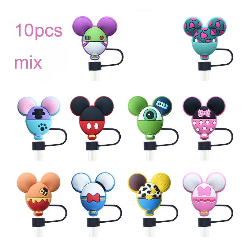 10pc/set Cartoon Straw Cap 10mm Reusable Straw Dust Cap Silicone Straw Sleeve Gathering Party Straw Accessories