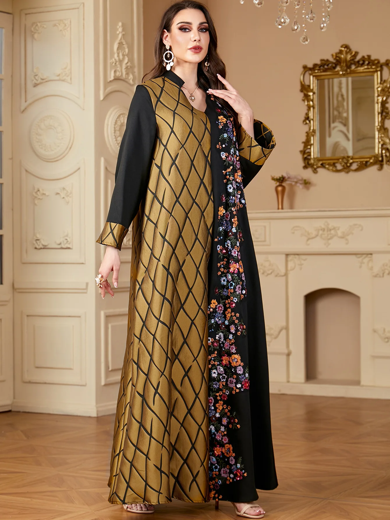 UNI Ramadan-Dubai Pailletten Borduurpaneel Lange Jurken Voor Moslimvrouwen Patchwork Mouw Kebaya V-hals Abaya 4148