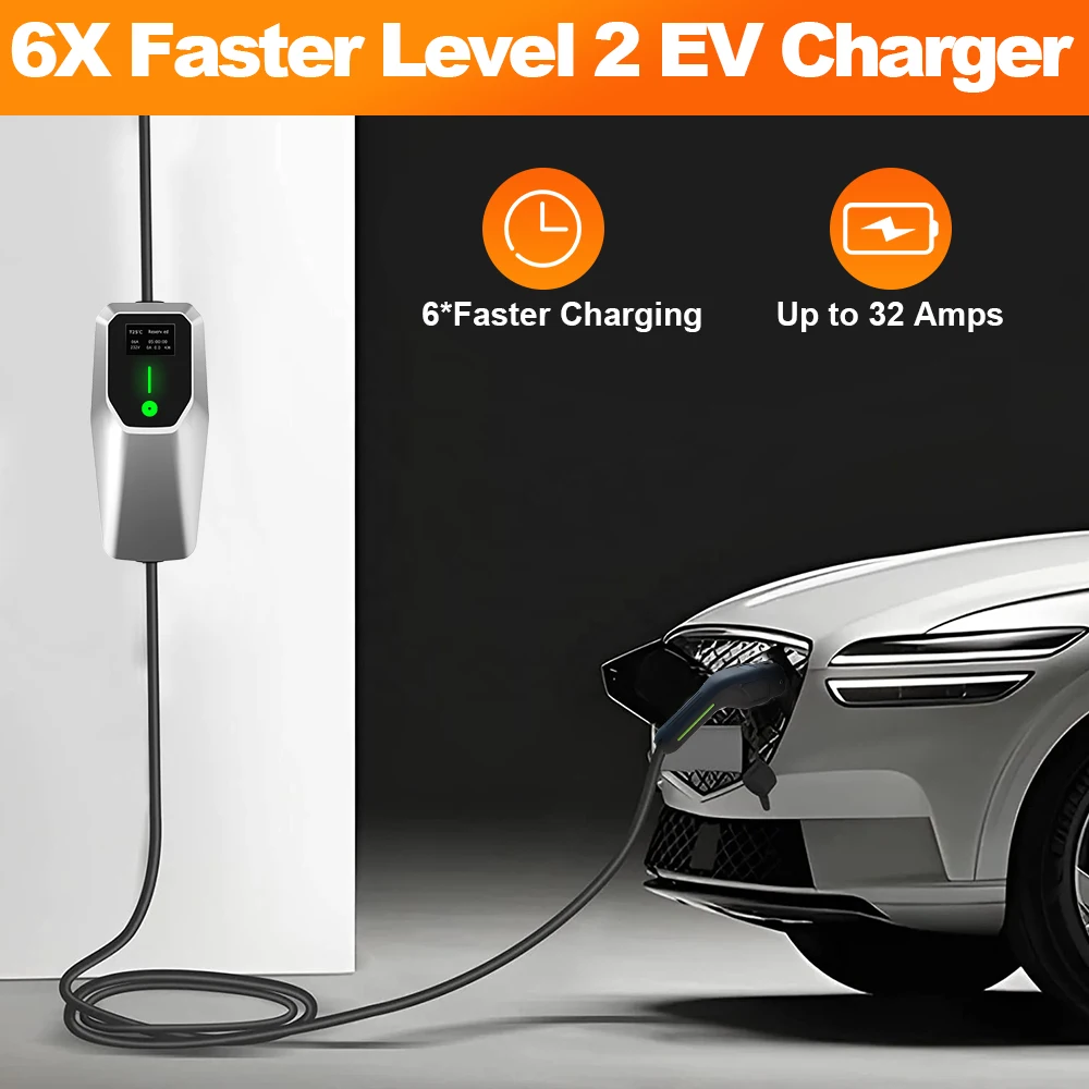 Junsun Portable Level 1 and Level 2 EV Charger 240V 32A (7.68kw) with 26ft Charging Cable NEMA 14-50 5-15 for SAE-J1772 Electric Vehicles Charging Station
