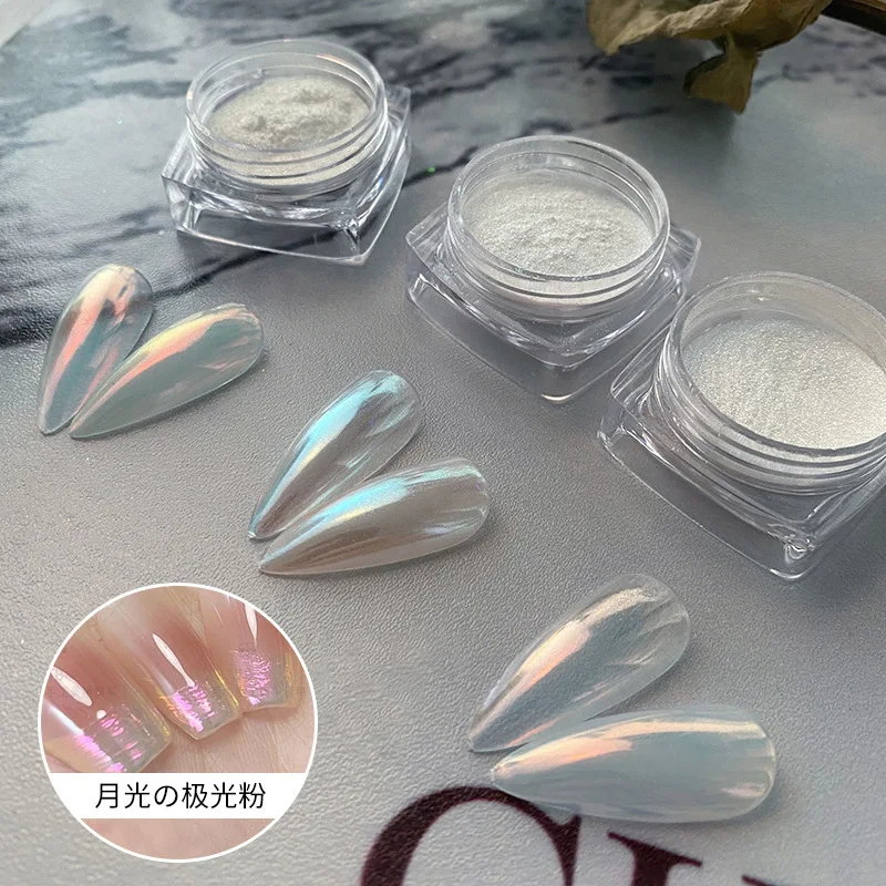 3Pcs/set Ice-Transparent Aurora Moonlight Pearl Nail Powder Fairy White Gloss Mermaid Chrome Powder Magic Mirror Rubbing Dust