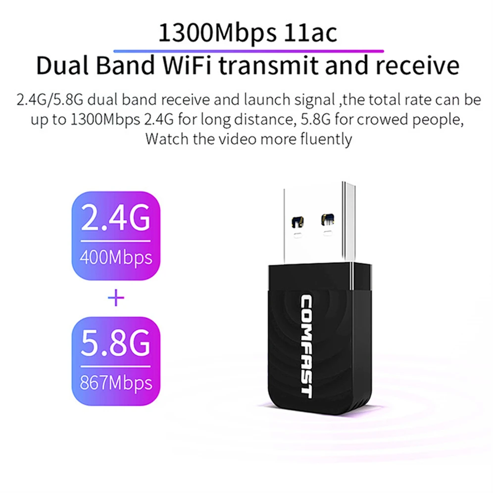 ワイヤレスネットワークカード,Wi-Fiアダプター1300Mbps,2.4ghz/5ghz,デュアルバンド,USB 3.0,アダプター,ドングル,ネットワークカード
