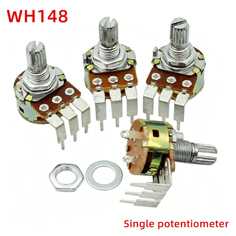 5PCS WH148 Single Potentiometer B5K B0K B20K B50K Three Legs, Bent Legs Thread Length 15MM AG2 Knob Cap B100K B500K