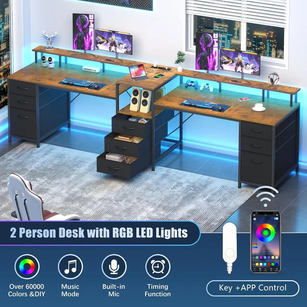 

98.4" Long Computer Desk with 9 Drawers, 2 Person Gaming Desk with LED Lights & Power Outlet, Two Person Home, Customized