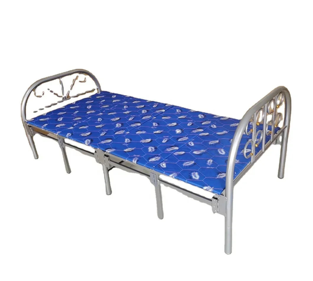 

2026cheap Single Bed Blue Fabric Wood Plate Trip Folding Bed Frame with Flower Headboard