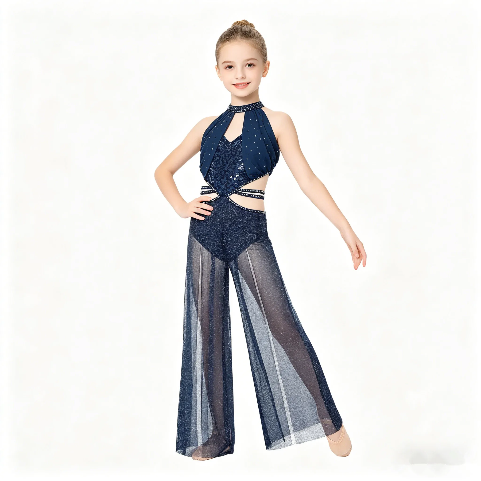 

Kids Girls Modern Lyrical Dance Stage Performance Costume Shiny Sequin Rhinestone Mesh Skating Gymnastics Acrobatics Jumpsuit