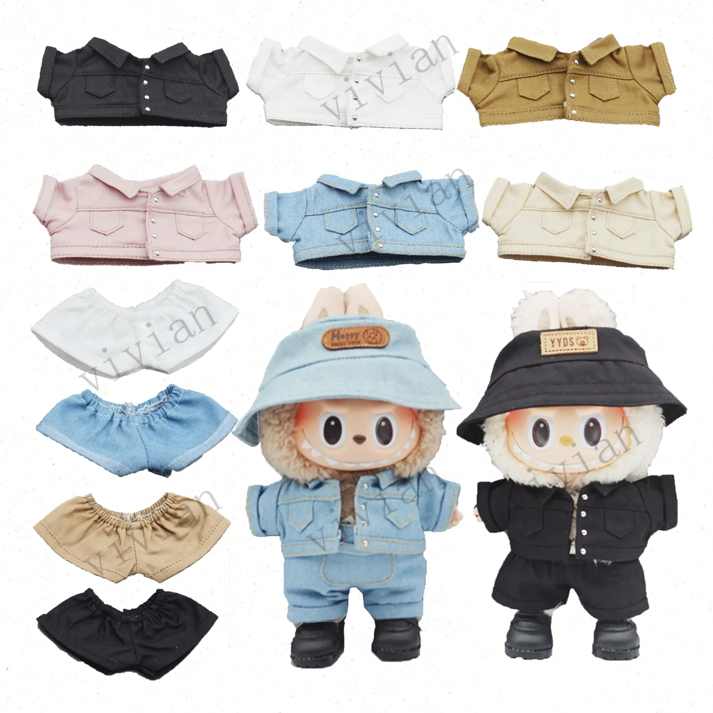 

Mini Doll'S Clothes Outfit Accessories For 15-17cm Labubu V1 V2 and 10cm cotton doll Denim shorts jacket Clothing Gift