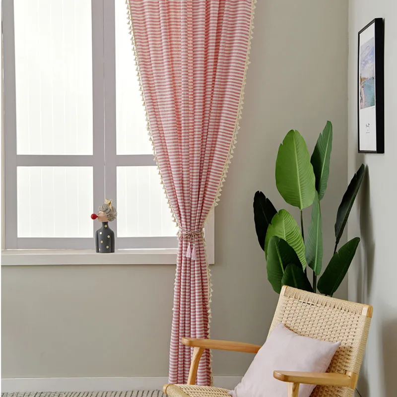 Bay Window Curtains Japanese Style Red Striped Cotton and Linen for Kitchen Living Room Bedroom Home Decoration Curtain