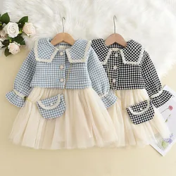 Children Girls Clothes Set Spring Autumn Girls Plaid Vest Dress Retro Outwear Coat 2 Pcs Fashion Baby Party Dress