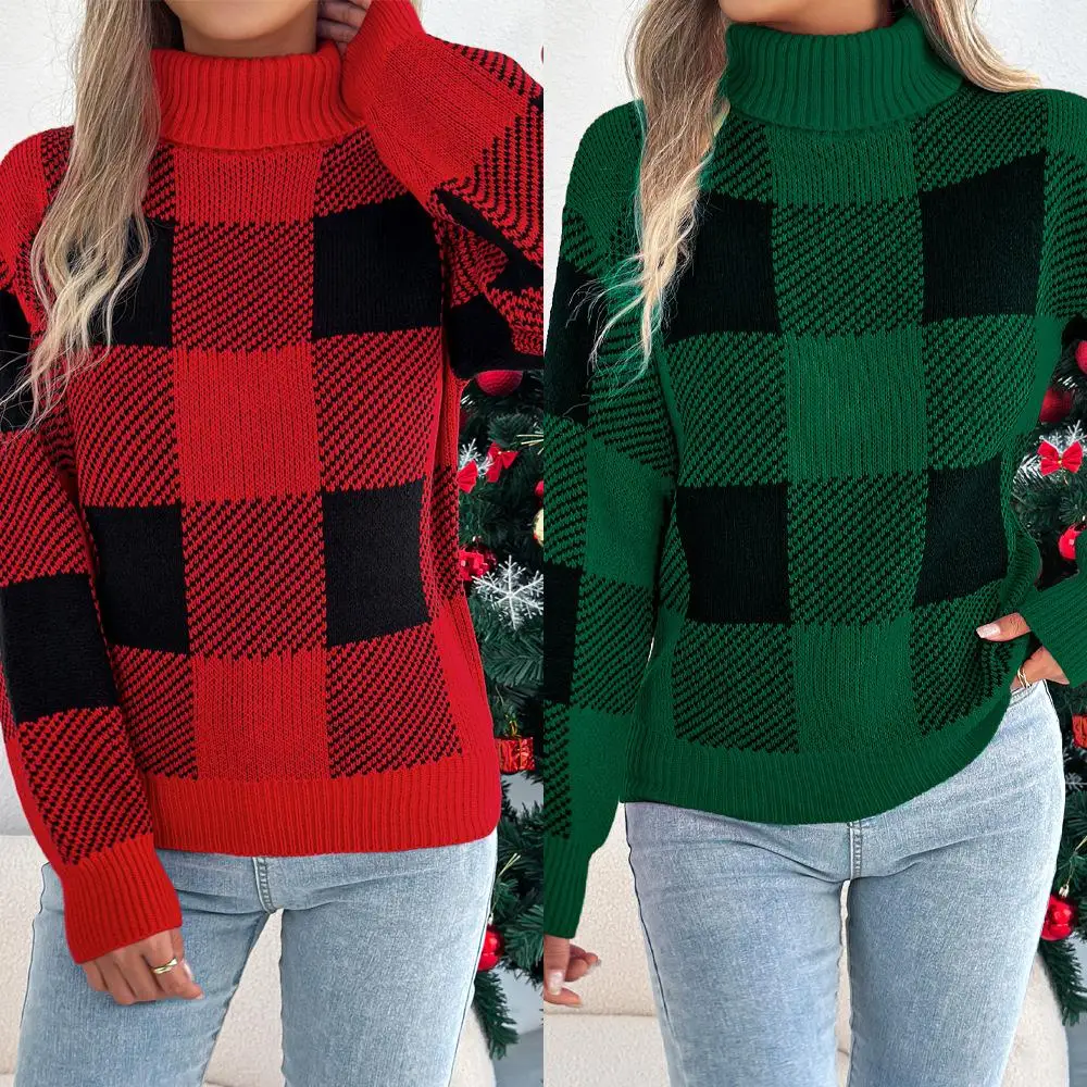

Autumn Winter Casual Color Blo Plaid Long Sve High Collar Sweater Women's Cisas Season Faionable Lantern Sve Top
