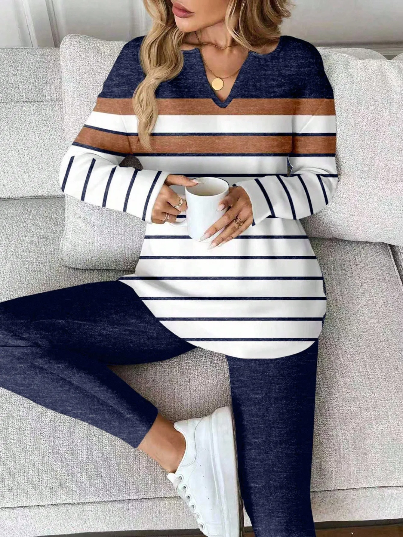 2-Piece Women's Striped Long Sleeve Top & Leggings Set, Casual Fall Winter Outfit