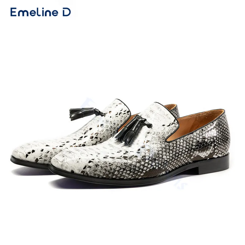 Black and White Snake Pattern Loafers Black Tassel Slip-On Leather Casual Shoes Large Size Business Formal Daily Men's Shoes