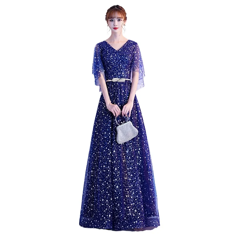 

Elegant Double V-neck Shining Formal Evening Party Dress With Half Sleeves