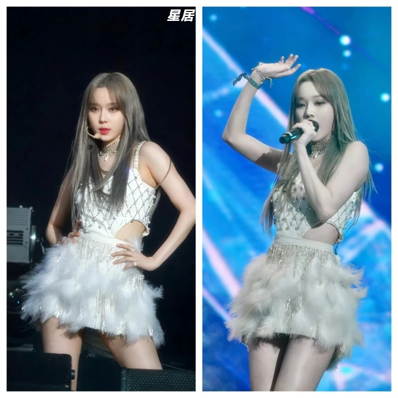 

Kpop, Корейская певица, Женская Одежда для танцев и концертов, сексуальная Женская Блестящая майка на бретельках, костюм для джазовой сцены, юбка с перьями, женская модель