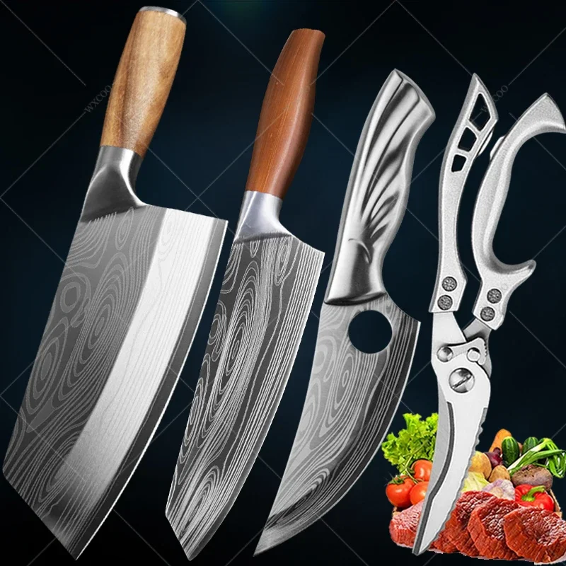 

Professional Kitchen Knives Japanese Chef Knife Slicing Meat Cleaver Damascus Steel Pattern Boning Knife Kitchen Scissors