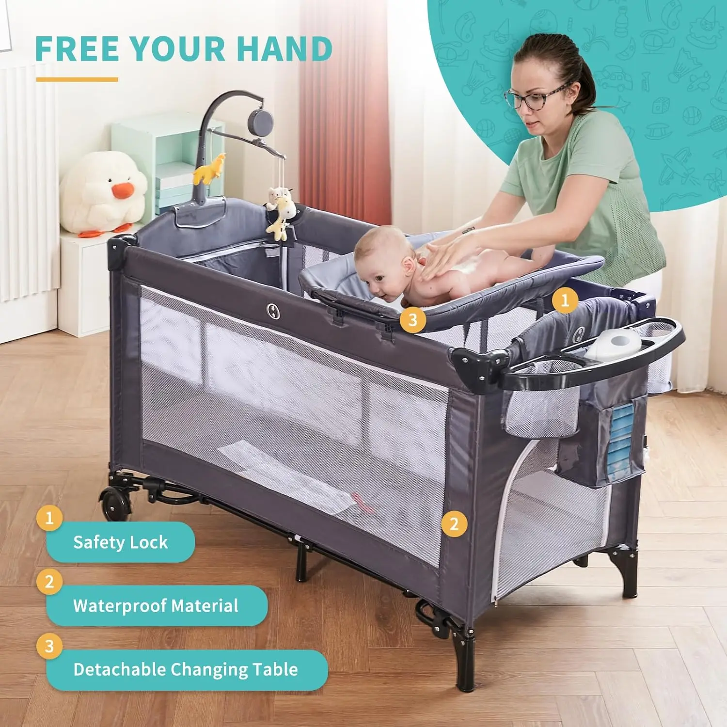 Bassinet 6-in-1 dengan ayunan, tempat tidur bayi portabel dapat disesuaikan dengan roda berbentuk U, Meja popok kotak musik & gantung Ke