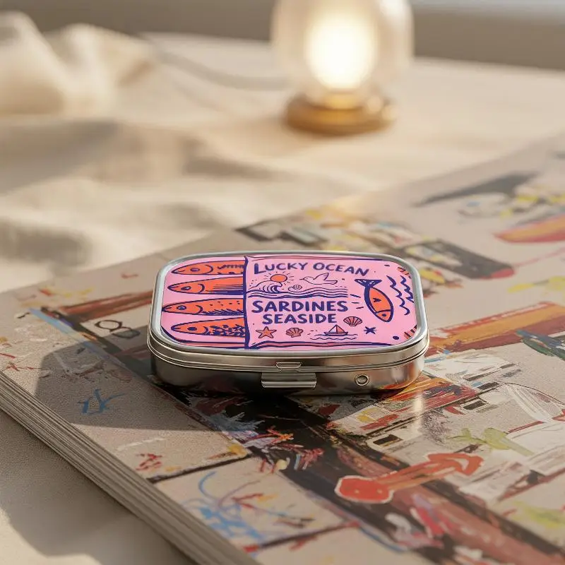 2-Compartment Portable Metal Pill Case With Sardine Print Sturdy Hinged Lid Perfect For Travel Daily Carry First Aid Kit