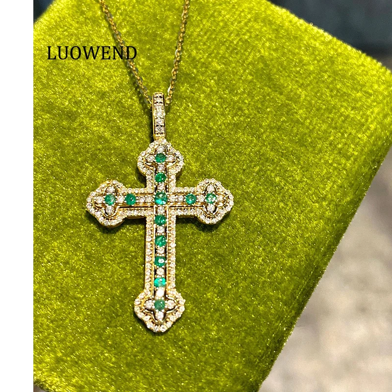 LUOWEND, colgante de oro amarillo 100% 18K, forma de cruz vintage, collar de lujo con diamantes y esmeraldas naturales, colgante para mujer, joyería fina