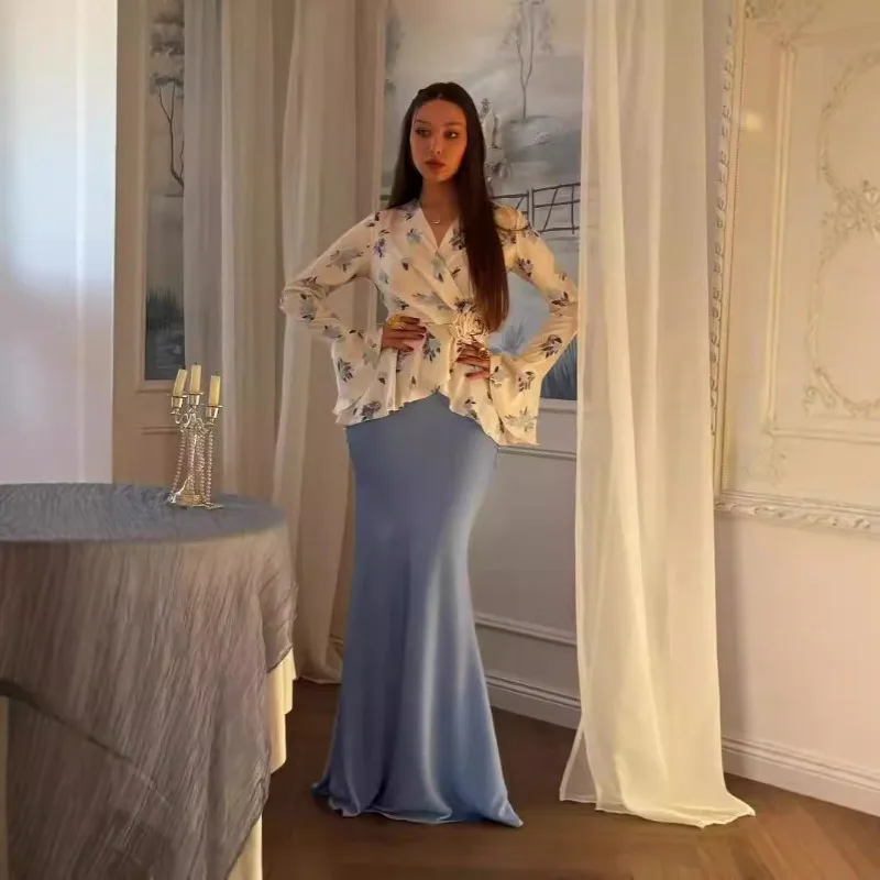 Women Ditsy Floral Co Ord Set V Neck Wrap Flare Long Sleeve Tie Waist Top Silky Satin Mermaid Floor Length Skirt Two Piece Suit view 2