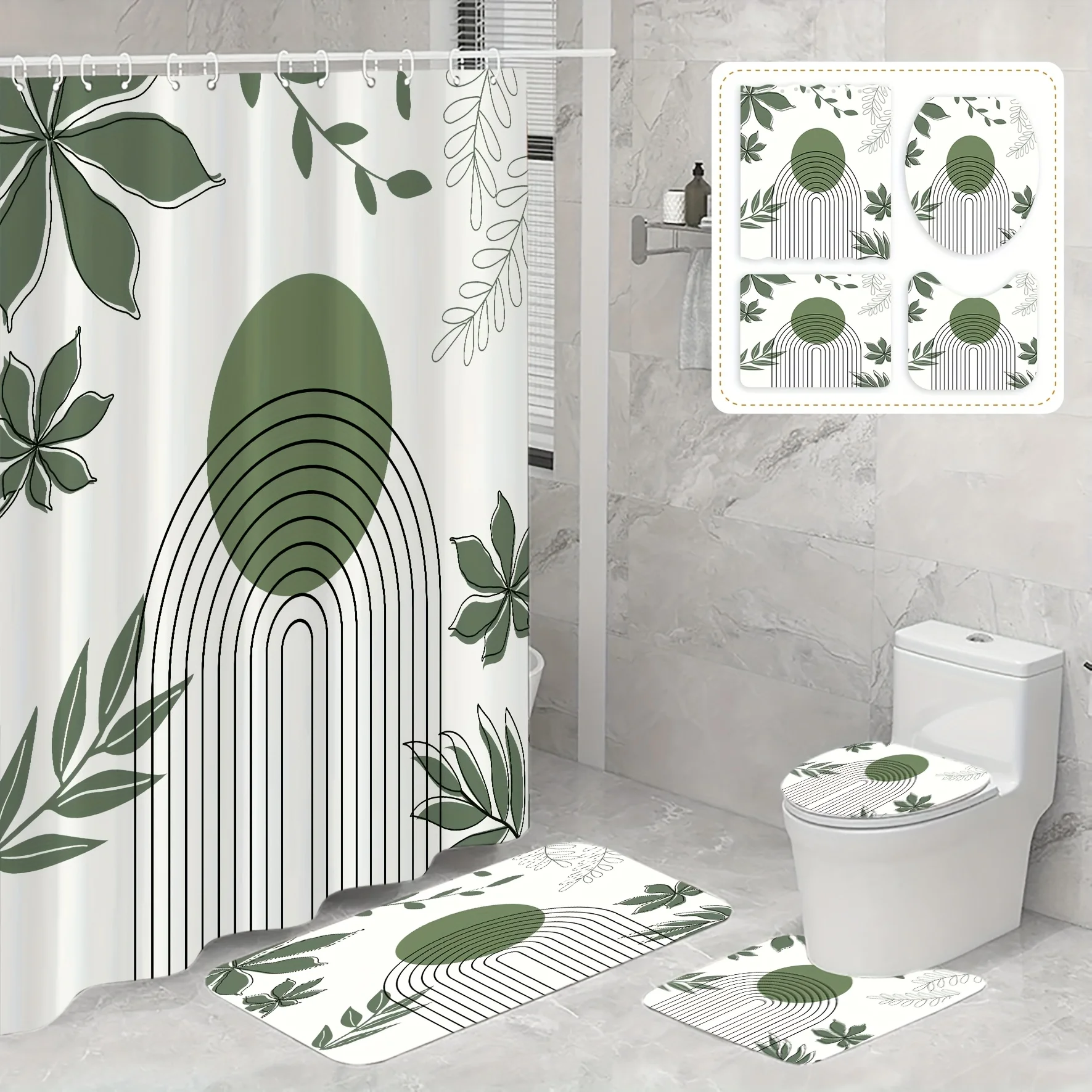 

4-piece leaf and geometric pattern bathroom shower curtain set, bath mat, U-shaped mat and toilet seat mat with hooks