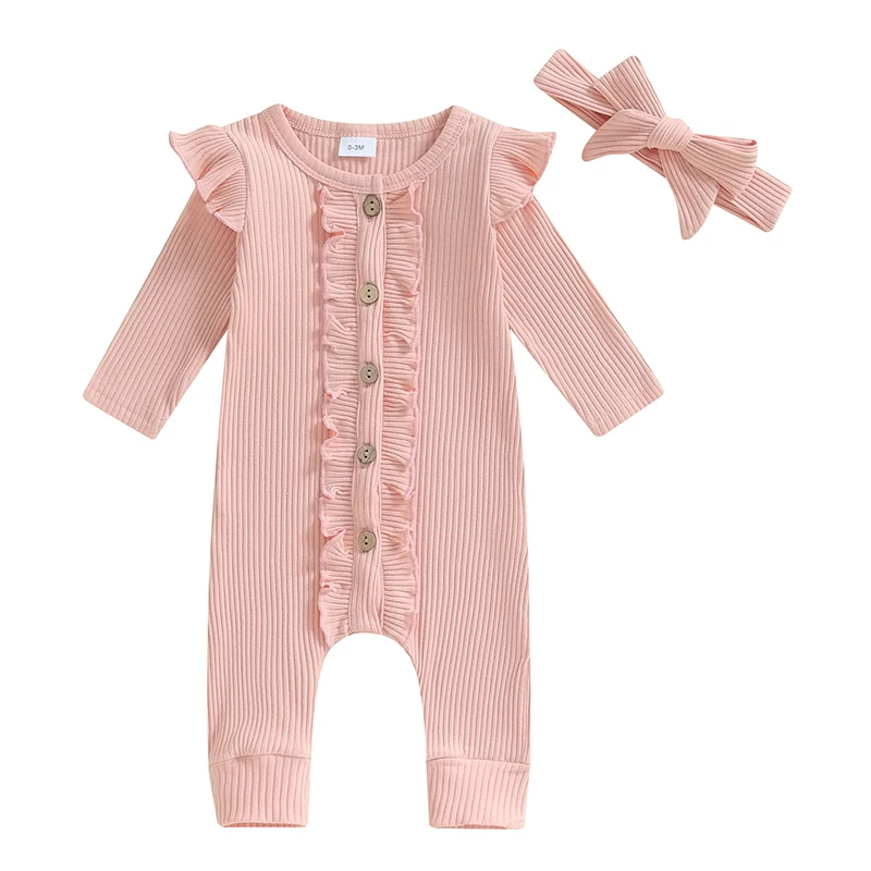 

Baby Girl Clothes Long Sleeve Buttons Knit Romper Jumpsuits with Headband Infant Fall Winter Outfits