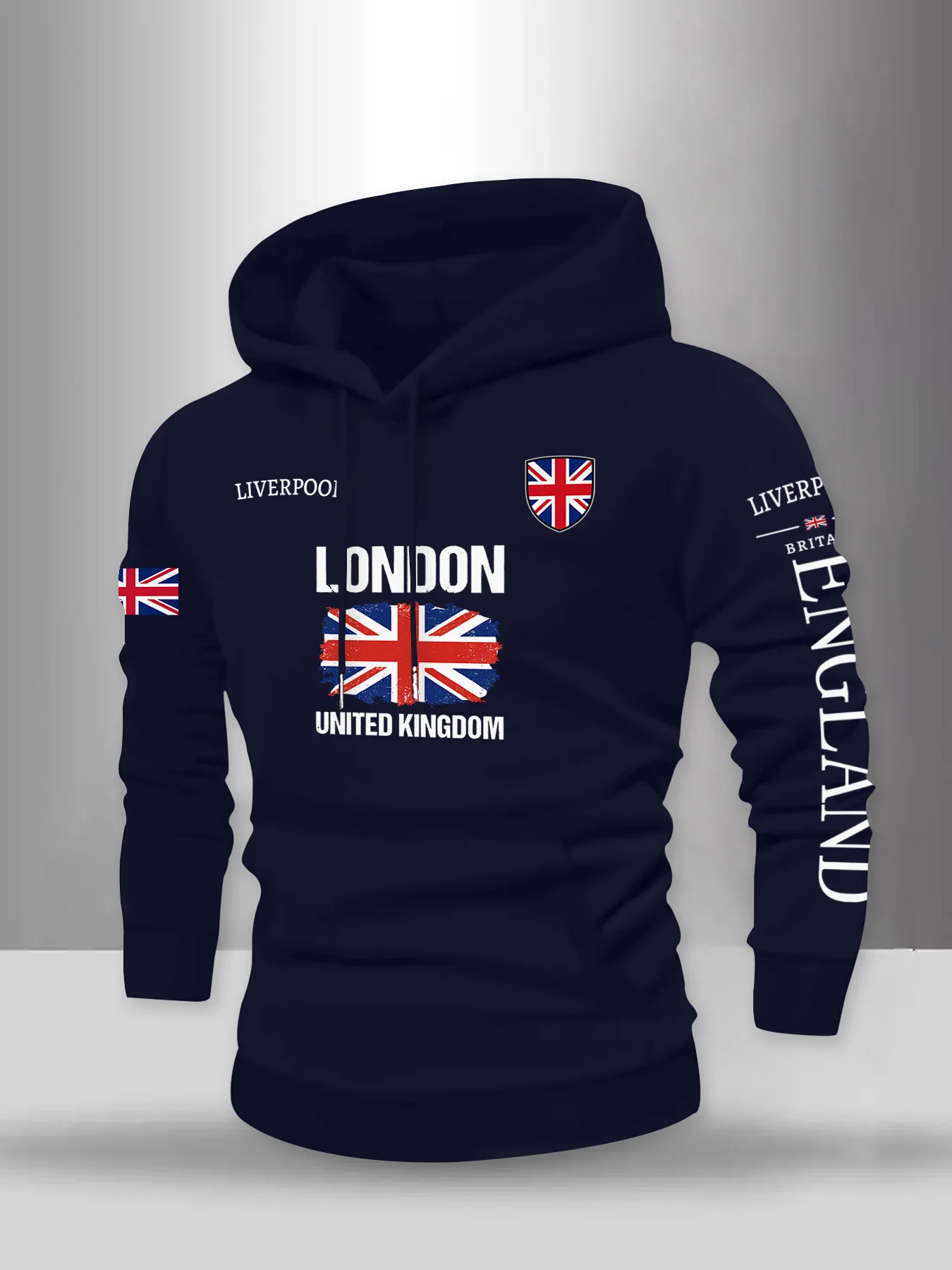 Herren UK London Vereinigtes Königreich Flaggen-Print Hoodie England Liverpool Schriftzug Lässiger Streetwear Weißer Pullover Sweatshirt – Detail 4