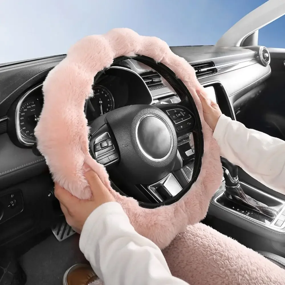 Winter Warm Soft Fluffy Plush Car Steering Wheel Cover Cute Non-Slip Elastic Protector Grip for Comfortable Driving Experience