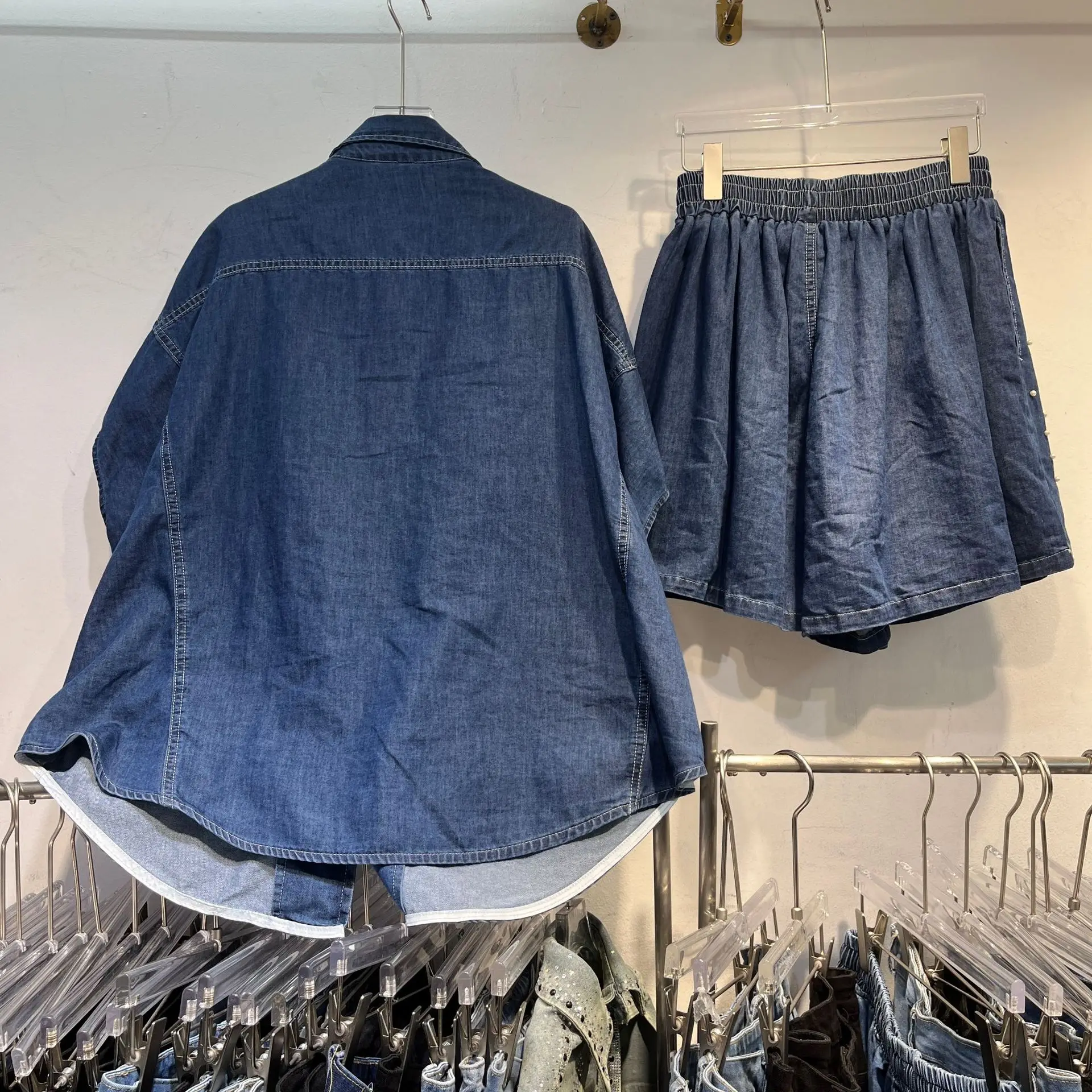 Pesante impreziosito diamante ort Sve Denim irt Top elastico in vita Set due pezzi Colletto da collezione primaverile Faion da donna