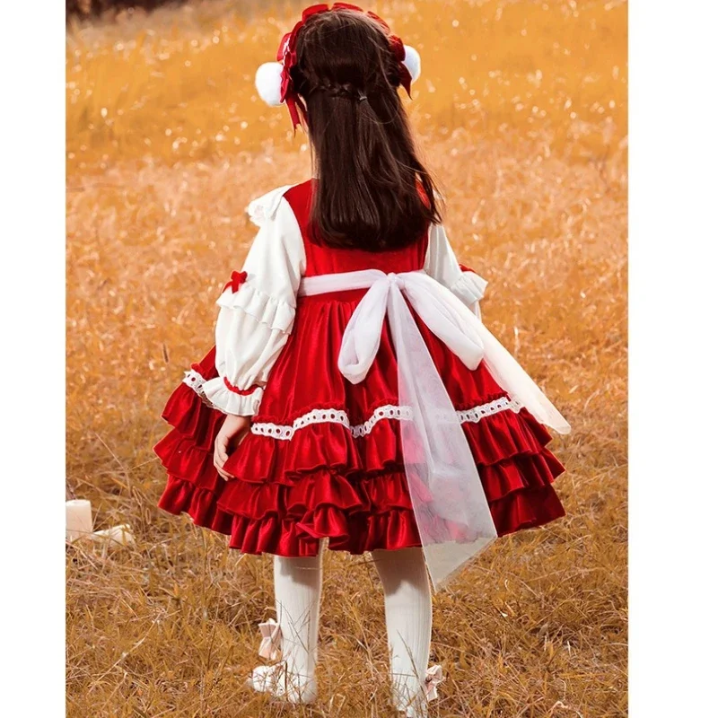 Girls' Dress Autumn and Winter New Red Fleece Festive Princess Velvet Skirt