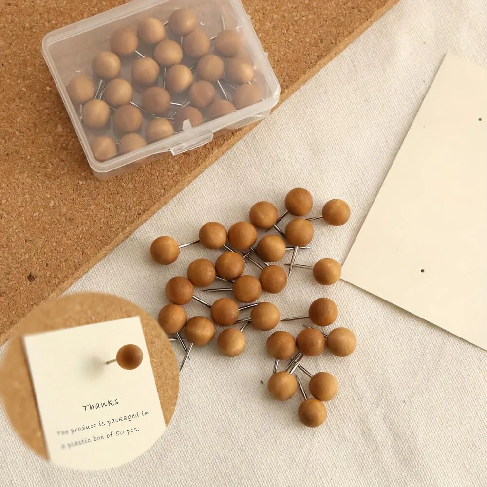 50 Pcs Wooden Round Head Thumbtacks, Creative Solid Wood Stationery, Cute Push Pins for Bulletin Boards, Photos and Map Marking