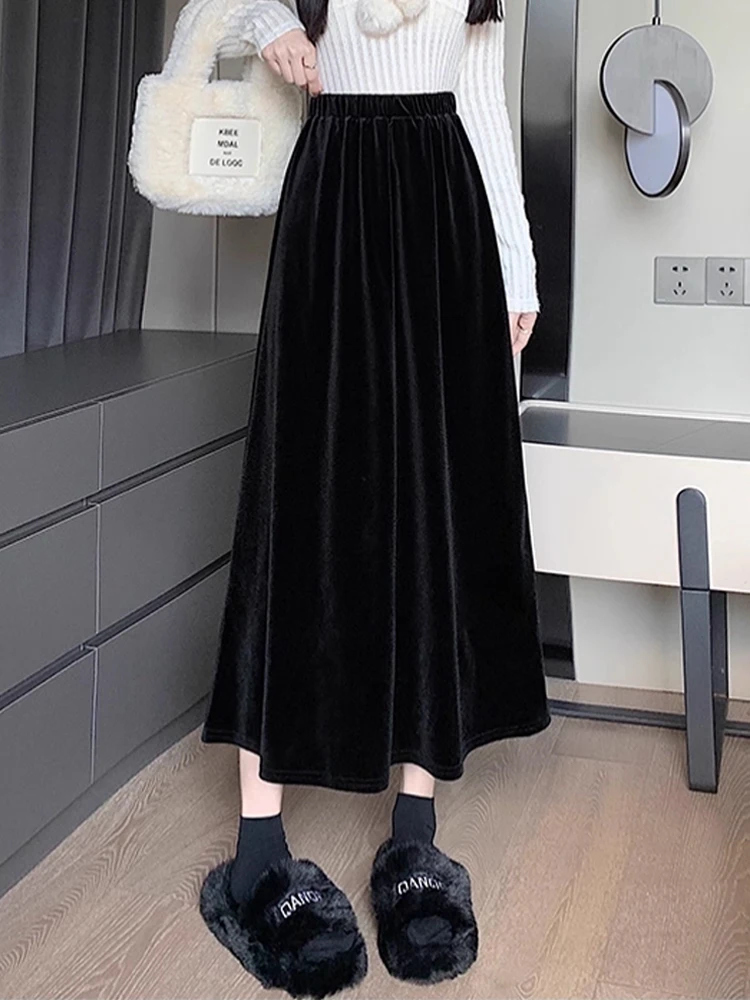 

Elegant Vintage Black Velvet Midi Skirt For Women New Fall winter Elastic High-waist A-line Skirt Loose Trendy Office Commute