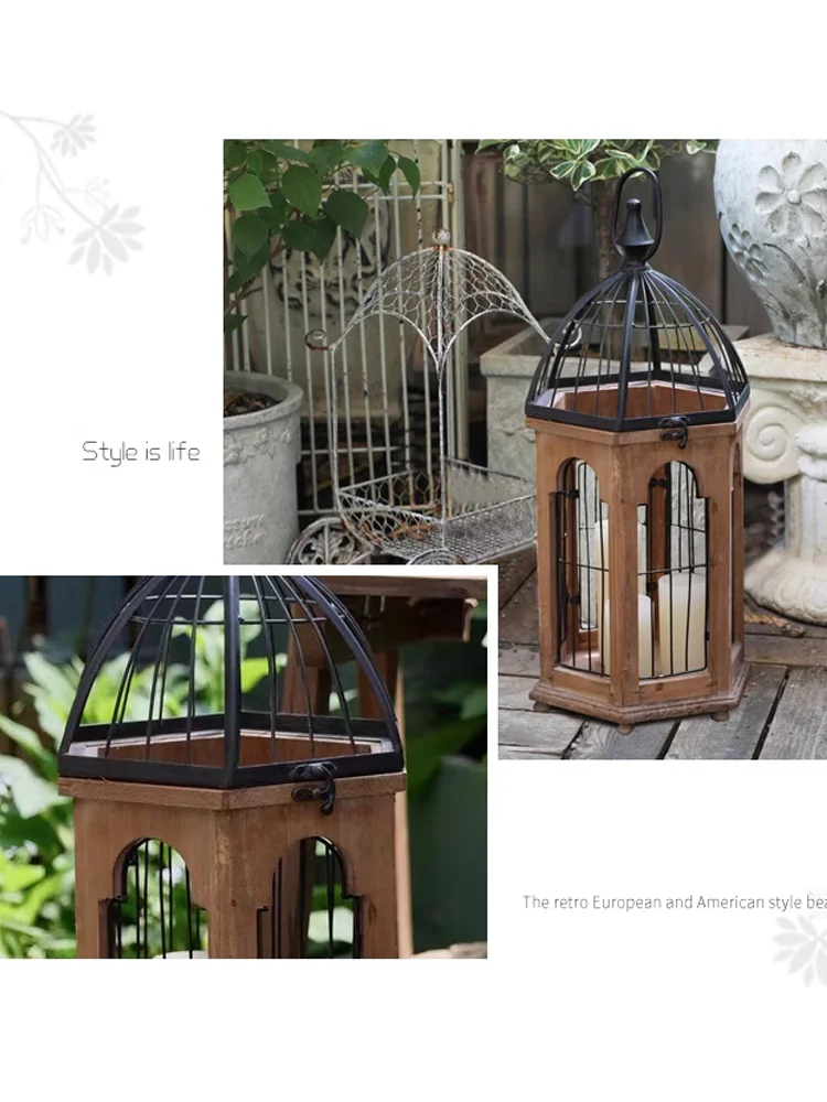 Vintage Decorative Bird Cage Lantern, Wooden and Metal Construction, Hexagonal Design with Black Dome Top, 21.3 x 8.5 x 9 inches