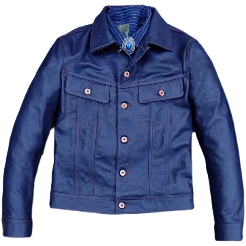 Knight Blue Top-Grain Cowhide Storm Rider Leather Short Jacket Contrast Stitch Denim Style Factory Direct Sales plus size 5XL
