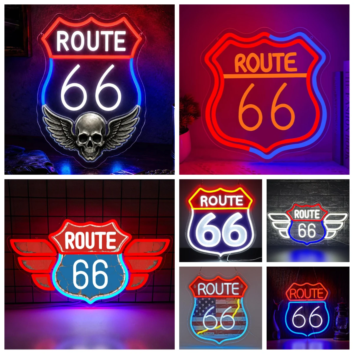 Route 66 Skull Wings Neon Sign USB Dimmable LED Lights For Garage Man Cave Bar Workshop Wall Hanging Art Decor Vintage Gifts