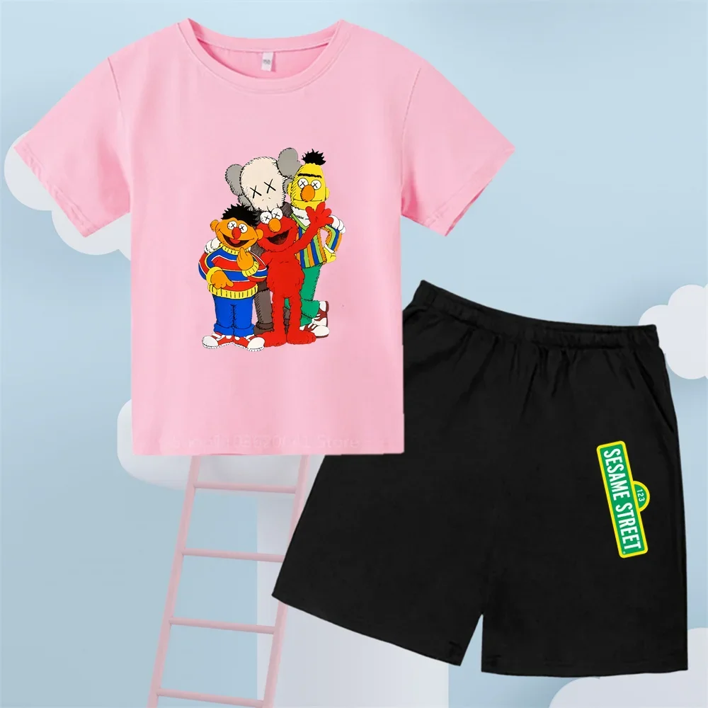 Kids' Summer Chic Outfit: Trendy Sesame Street Print Shortsleeve Tee & Shorts Set for Boys & Girls, Ages 3-14