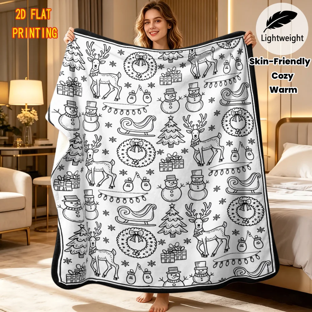 Creative Art Craft DIY blanket Christmas Gingerbread House Black White Line Coloring Blanket Washable Throw Holiday