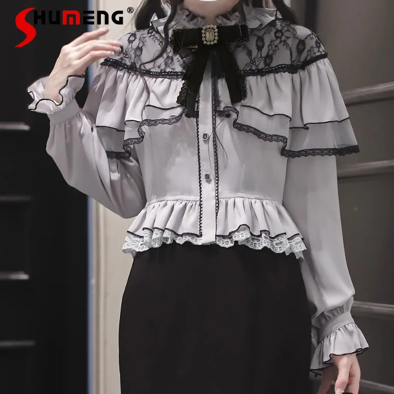 

Original Japanese Academy Style Clear Series Fishtail Skirt Chiffon Lace Shirt Black Purple Single-Breasted Top Blouse Female