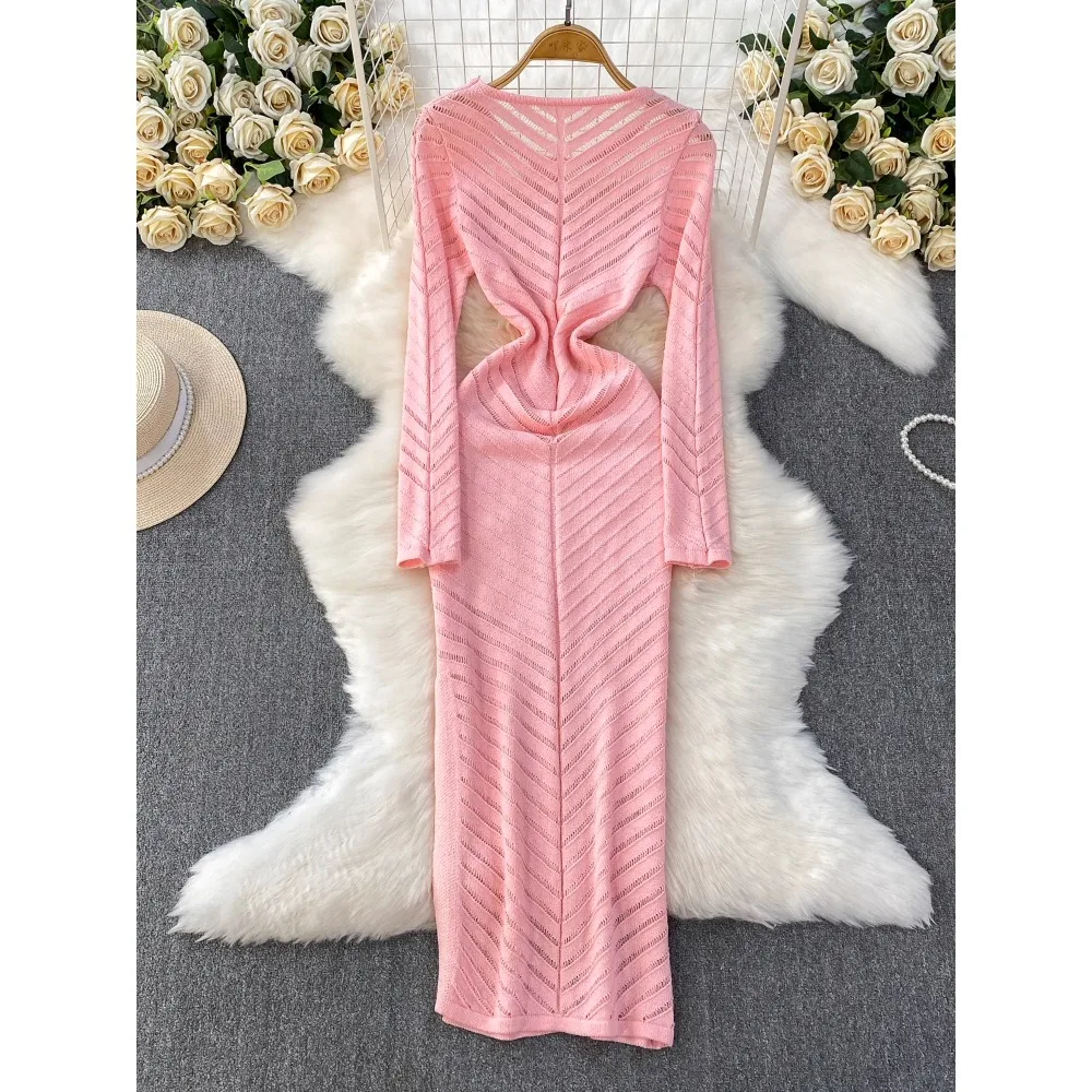 Chic vintage split hollow out dress Elegant Fairy korean fashion Boho Sundress Beach women clothing dress