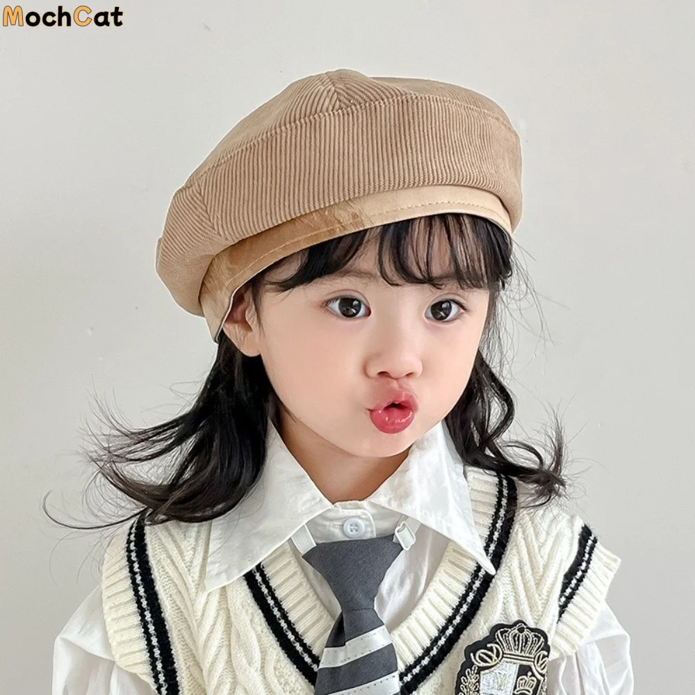 Retro Korean Baby Beret Corduroy Spring Autumn Beanies Cap Casual Sweet Painter Hats 2-6year